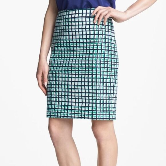 Kate Spade Judy Check Print Pencil Skirt the Rules Green Navy Blue Sz 6 Zipper - Picture 1 of 7